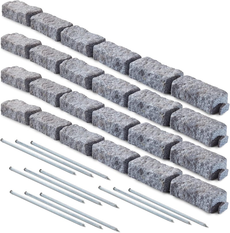 Beuta Landscape Edging | Garden Edging Border | Faux Stone Bricks for Lawn edging, Flower beds, Pathways & Yard Edging– 4 Packs | Each Section Has 6 Bricks 48"L x 4"W x 2.25"H | 12 Spikes |Greystone - Image 1